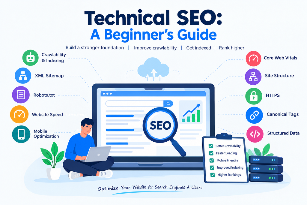 Technical SEO beginner’s guide showing crawlability, indexing, XML sitemap, website speed, mobile optimization, Core Web Vitals, HTTPS, canonical tags, and structured data.
